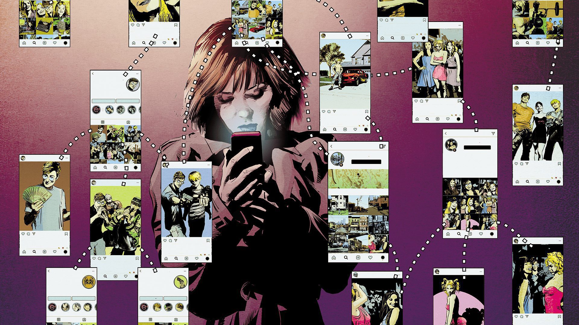 Illustration of a eoman looking at her phone, scanning through social media